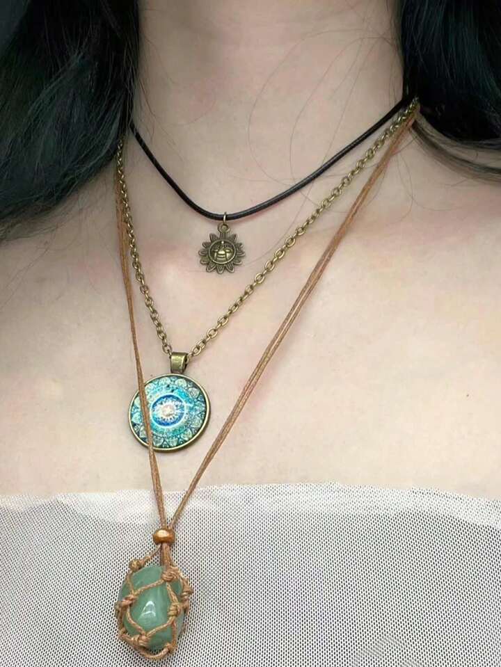 Fairycore 3pcs Vintage Stone Pendant Necklace Set