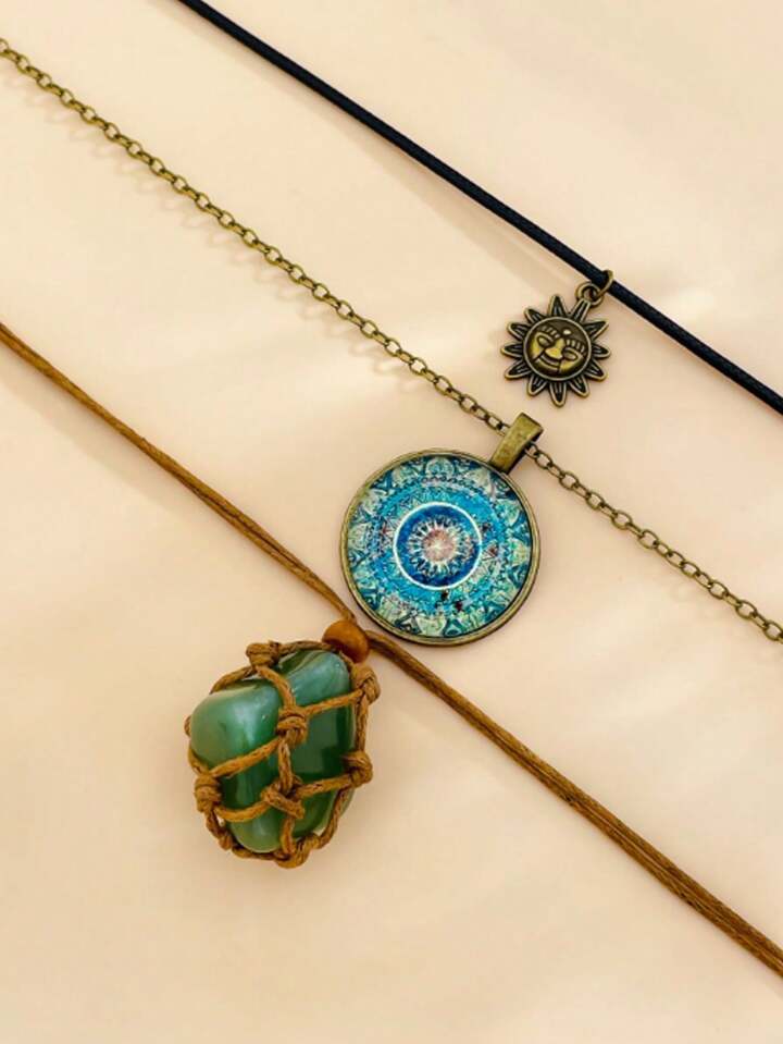 Fairycore 3pcs Vintage Stone Pendant Necklace Set