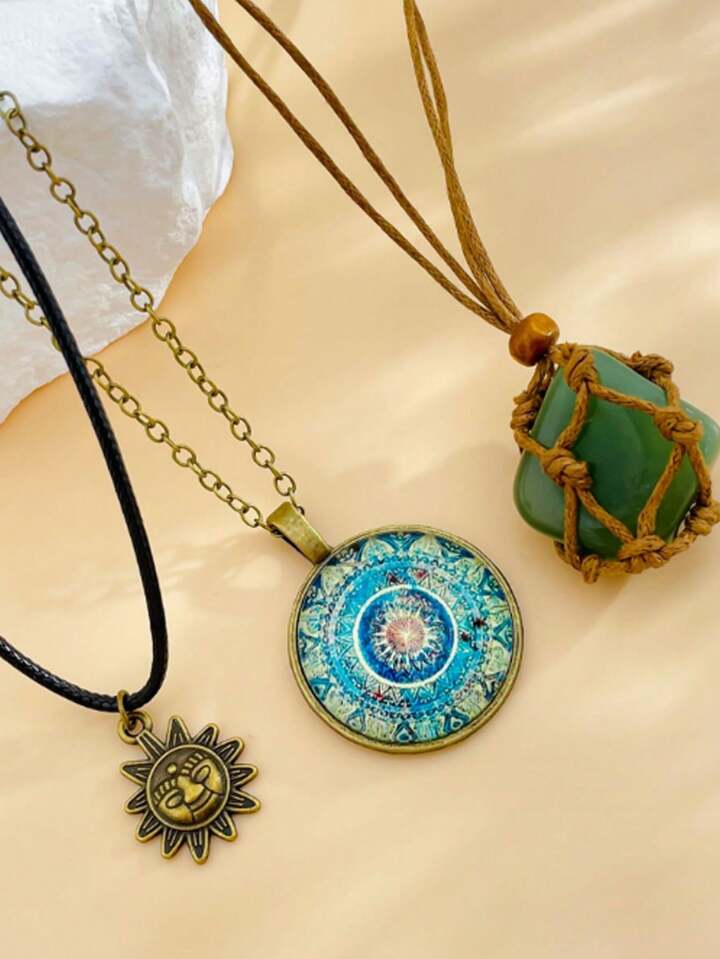 Fairycore 3pcs Vintage Stone Pendant Necklace Set