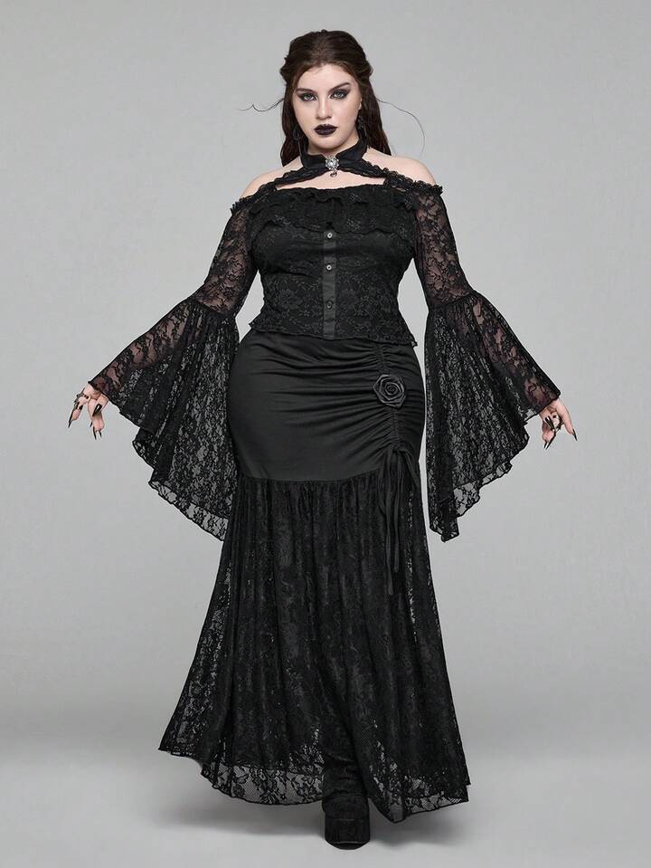 EDITION Plus Size Gothic Lace Off-Shoulder Flare Sleeve Bodycon Top For Women