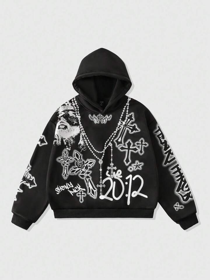 Street Life Men's Cross Printed Hoodie, Loose Cropped Style