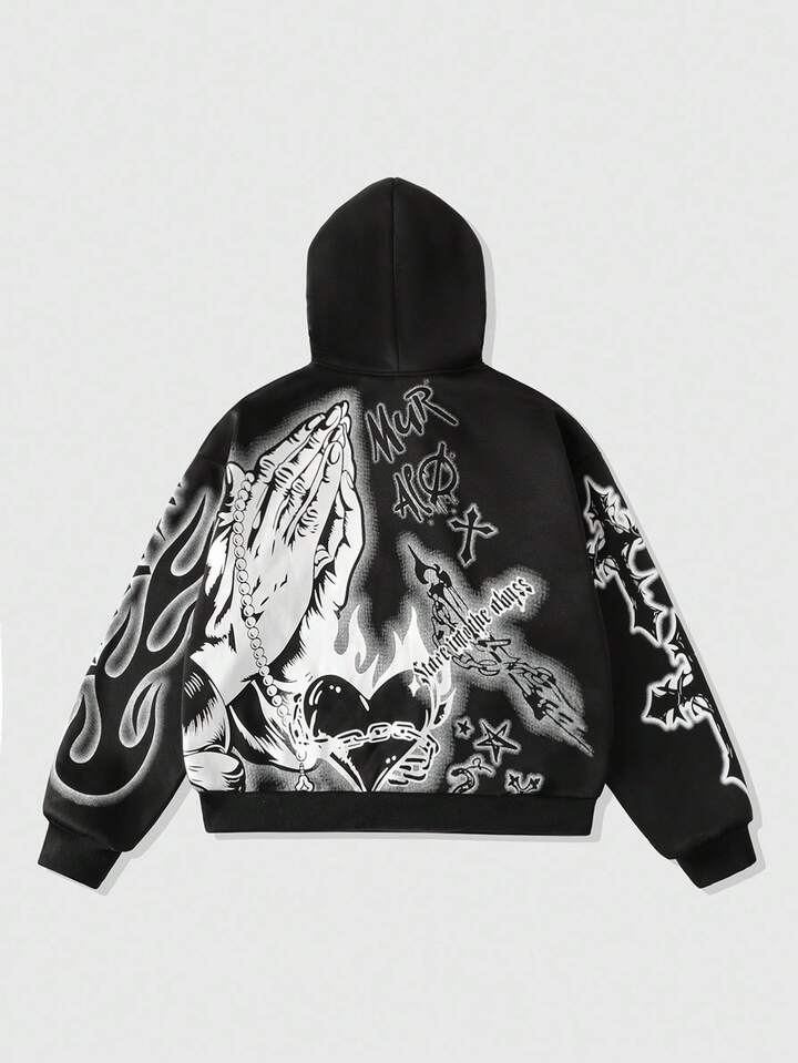 Street Life Men's Cross Printed Hoodie, Loose Cropped Style