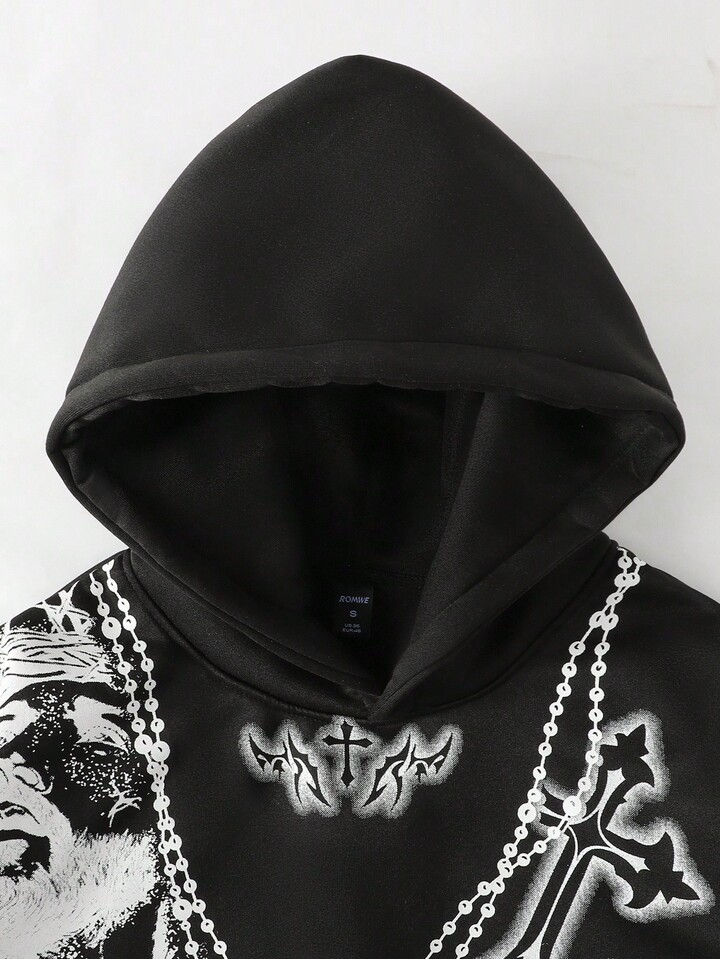 Street Life Men's Cross Printed Hoodie, Loose Cropped Style