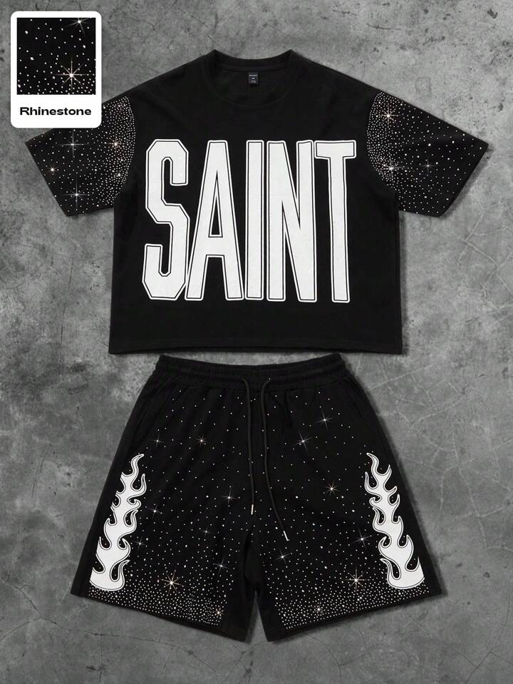 Street Life 2pcs Streetwear Style Rhinestone Effect English Graphic Cropped T-Shirt Set