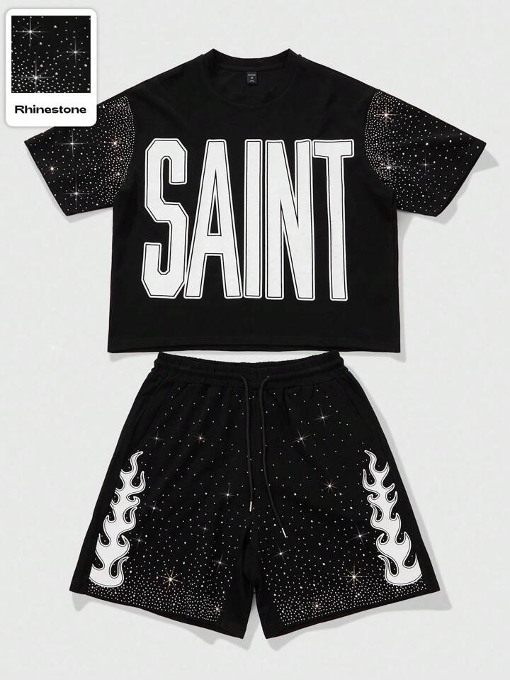 Street Life 2pcs Streetwear Style Rhinestone Effect English Graphic Cropped T-Shirt Set