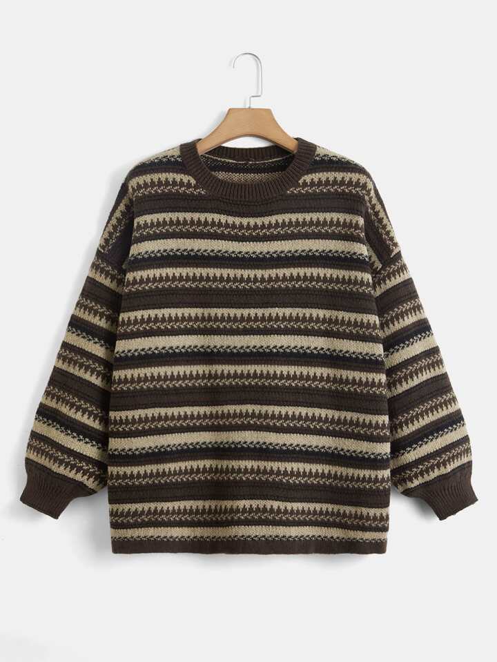 Academia Striped Pattern Drop Shoulder Sweater,Long Sleeve Tops