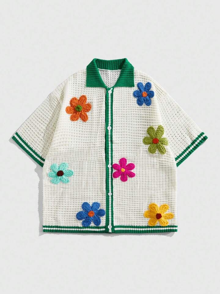 Casual Men's Vacation Floral Decor Contrast Trim Short Sleeve Cardigan