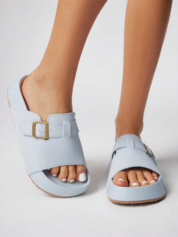 Kawaii Women Blue Buckle Strap Roman Beach Sandals, Summer Open Toe Dopamine Vintage Thick Bottom Slide Sandals, Women Platform Thick Bottom Sandals