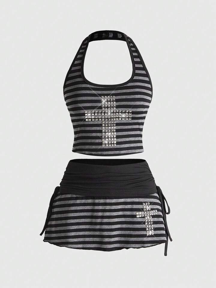 ROMWE Avant Y2K Sexy Halter Striped Contrast Color Cropped Top And Super Low Waist Mini Skirt 2 Pieces Set For Women