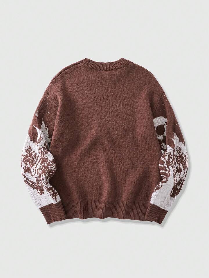Street Life Men's Skull Jacquard Crew Neck Long Sleeve Sweater, Streetwear, Autumn/Winter