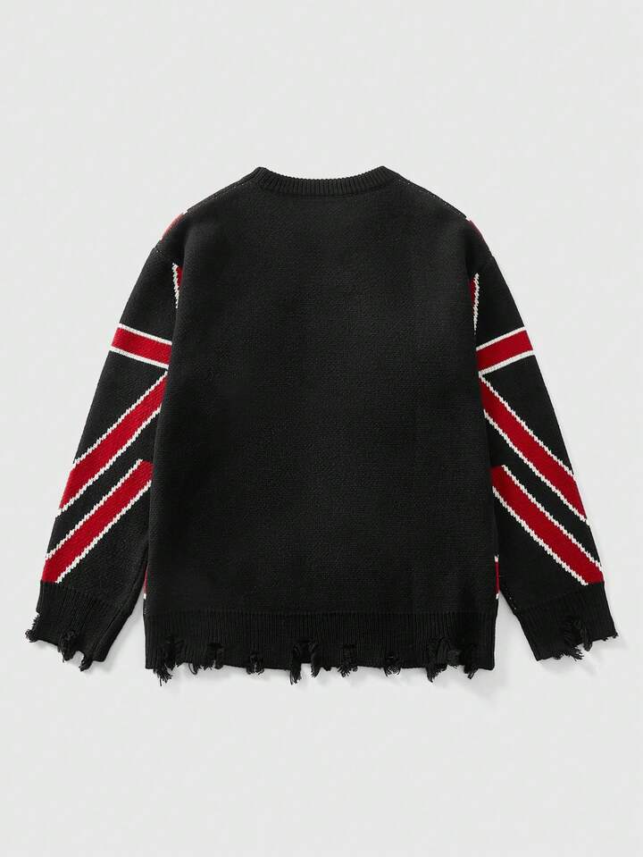 Street Life Fashionable Vintage Flag Intarsia Knit Sweater, Casual Loose Fit Pullover For Men, Winter
