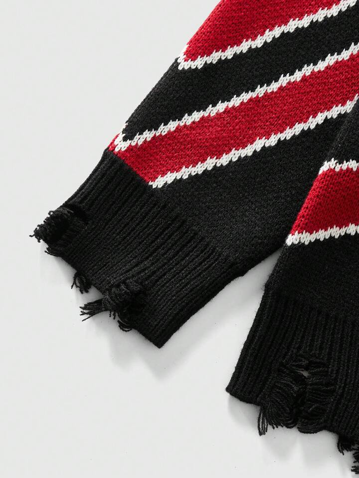 Street Life Fashionable Vintage Flag Intarsia Knit Sweater, Casual Loose Fit Pullover For Men, Winter