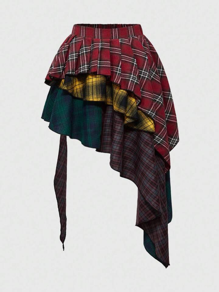 Grunge Punk Grunge Vintage Baddie Distressed American Plaid Patchwork Asymmetric Hem Layered Women Skirt