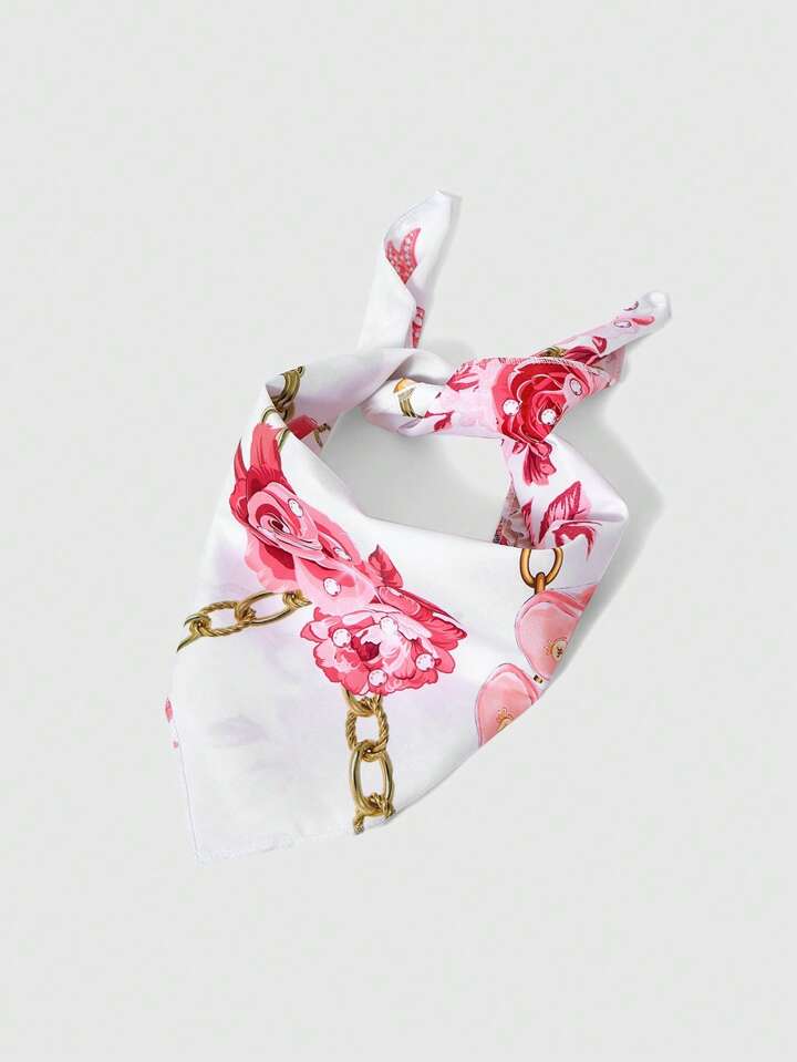 Kawaii 1pc Multi-Functional Floral & Diamond Decor Square Scarf, Y2K Vibe, Rose, Bow, Lock Chain, Perfume Bottle & High Heel Print, Versatile Fashion Accessory