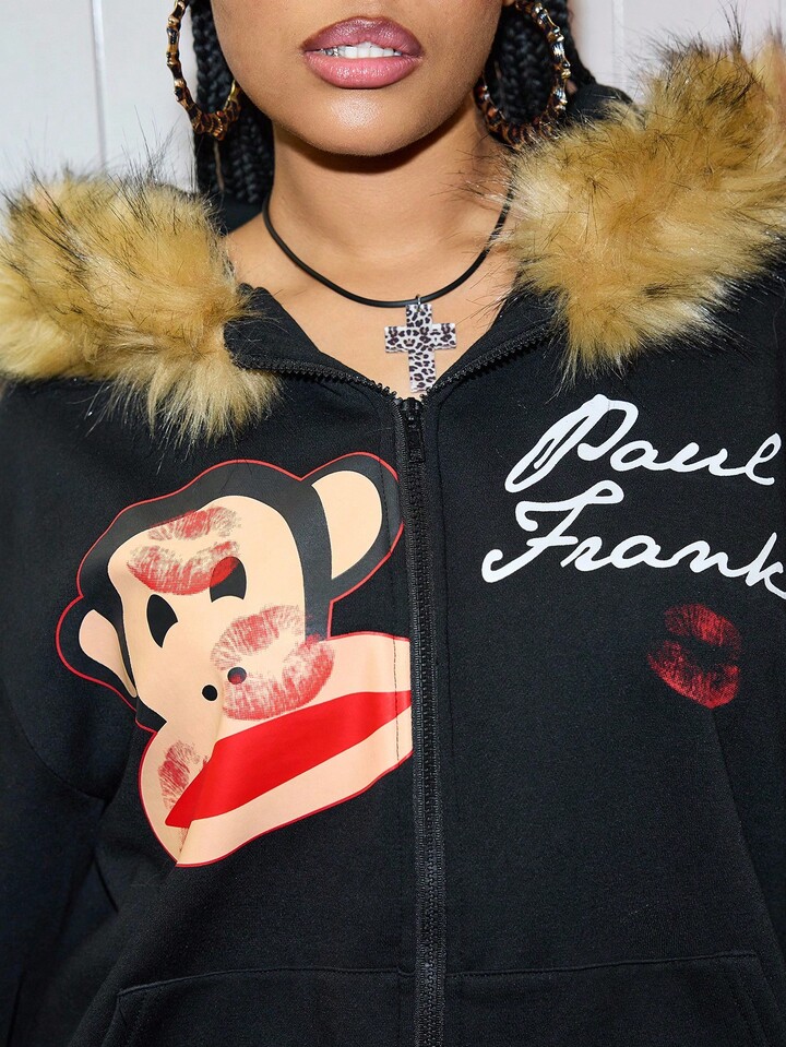 Paul Frank X ROMWE Plus Size Kpop Y2K Baddie Letter & Cartoon Graphic Contrast Fuzzy Trim Hooded Sweatshirt 4 Paul Frank X ROMWE Plus Size Kpop Y2K Baddie Letter & Cartoon Graphic Contrast Fuzzy Trim Hooded Sweatshirt