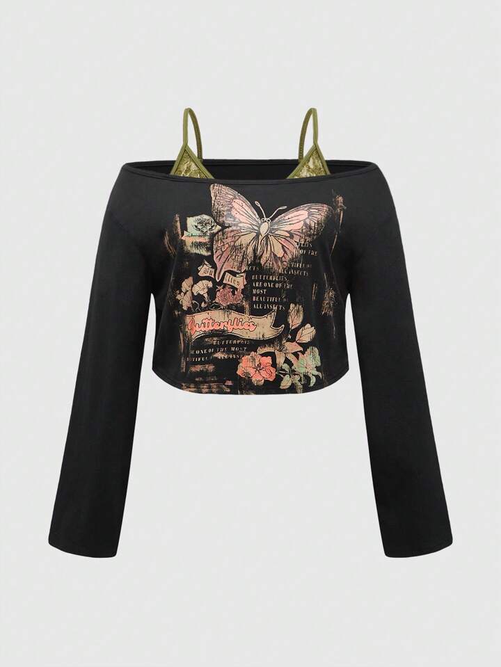 4pcs Women Plus Size Vintage Butterfly Fairycore Mock Layered Lace Panel Off-Shoulder Long Sleeve T-Shirt