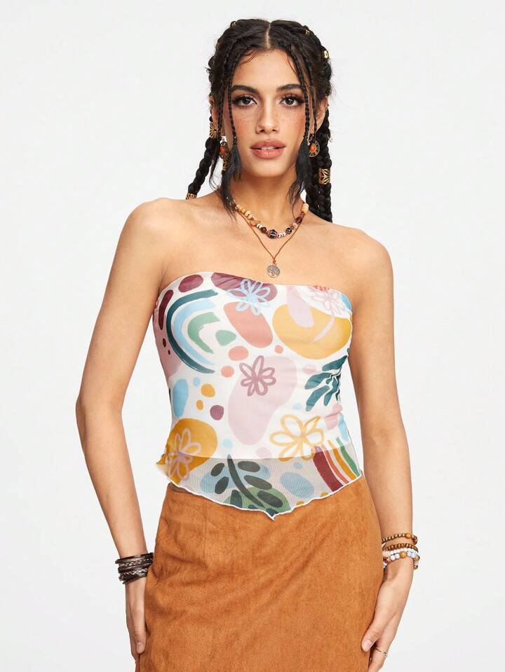 H3IDI Women Floral Artistic Pattern Fitted Tube Top