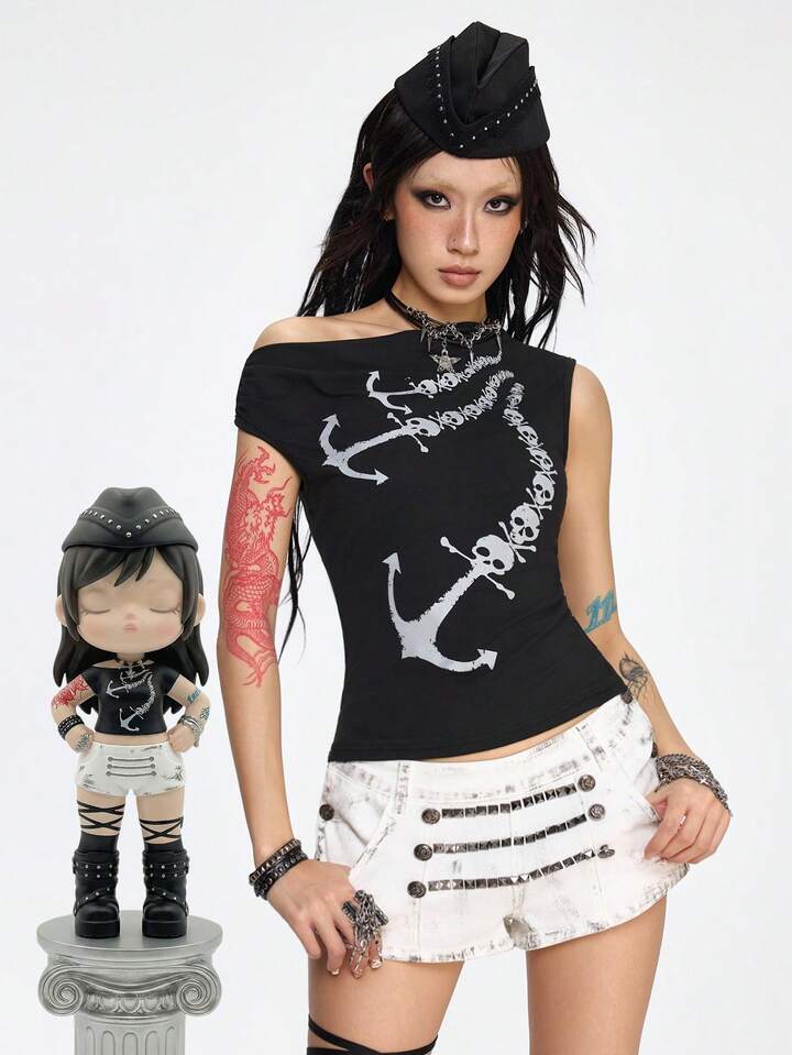 Grunge Punk Y2K Vintage Oblique Shoulder Dark Pirate Ship Anchor Skull Print Tight Fit Baby Tee