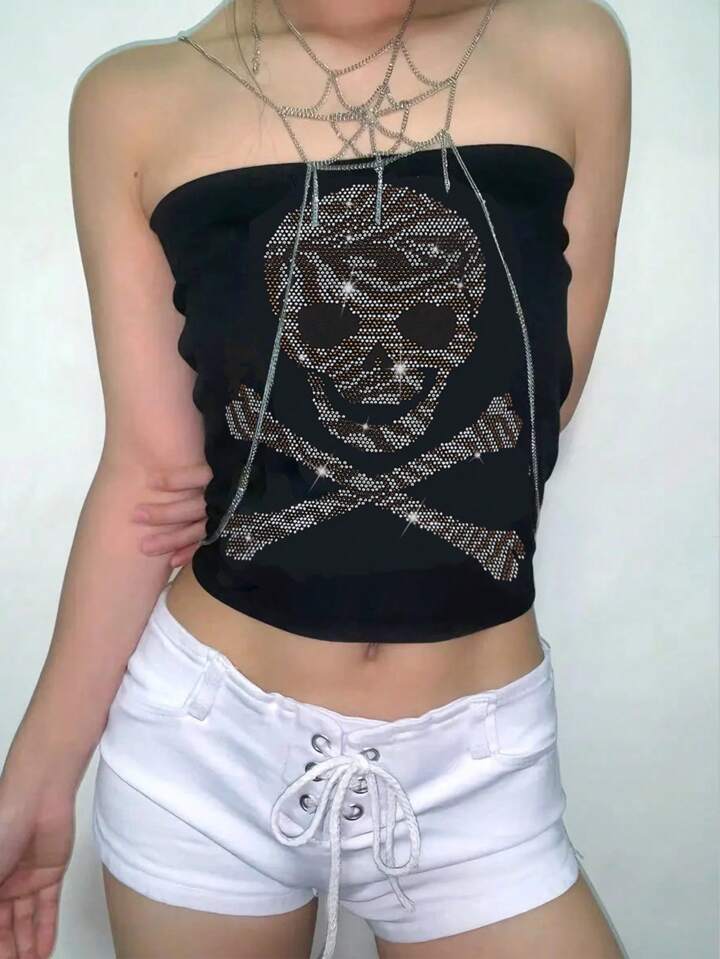 Grunge Punk Gothic Skull Rhinestone Embellished Tube Top
