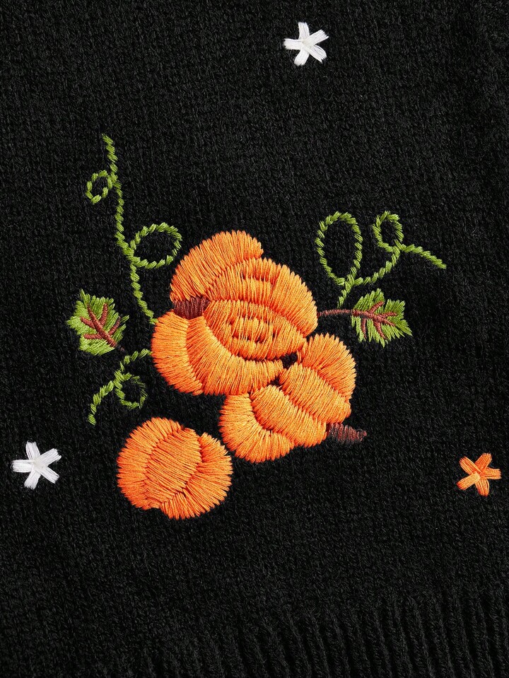Fairycore Plus Size Vintage Pumpkin Vine Embroidery Sweater Vest, Autumn/Winter, Halloween