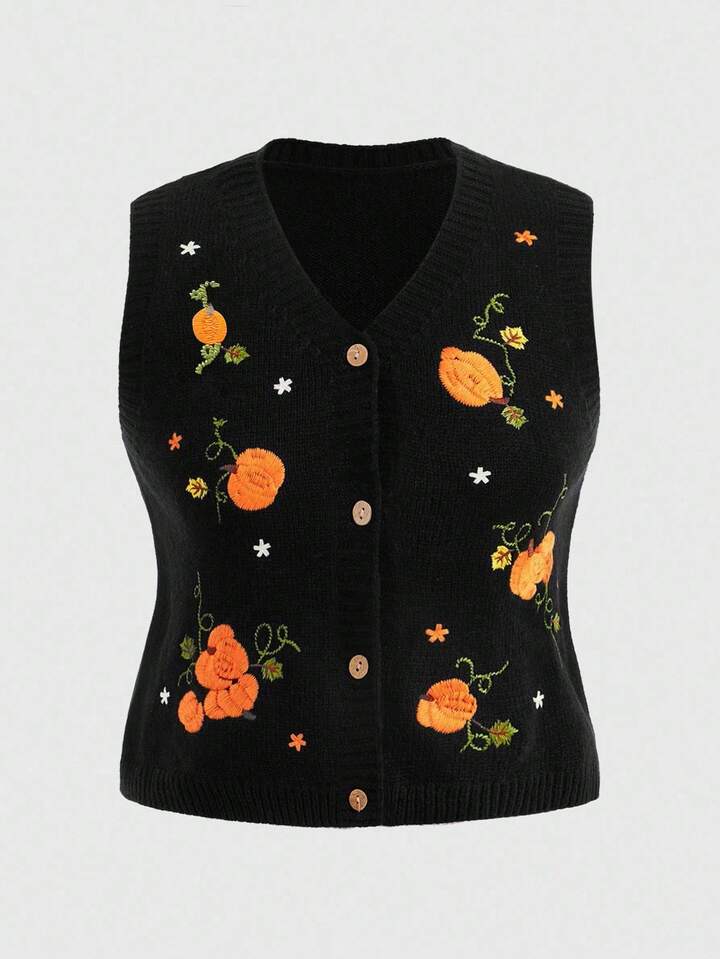 Fairycore Plus Size Vintage Pumpkin Vine Embroidery Sweater Vest, Autumn/Winter, Halloween