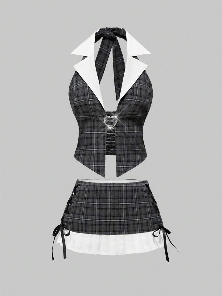 Academia 2pcs Y2K College Girl Colorblock Crop Top And Mini Skirt Set