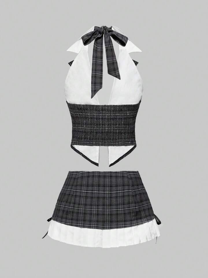 Academia 2pcs Y2K College Girl Colorblock Crop Top And Mini Skirt Set
