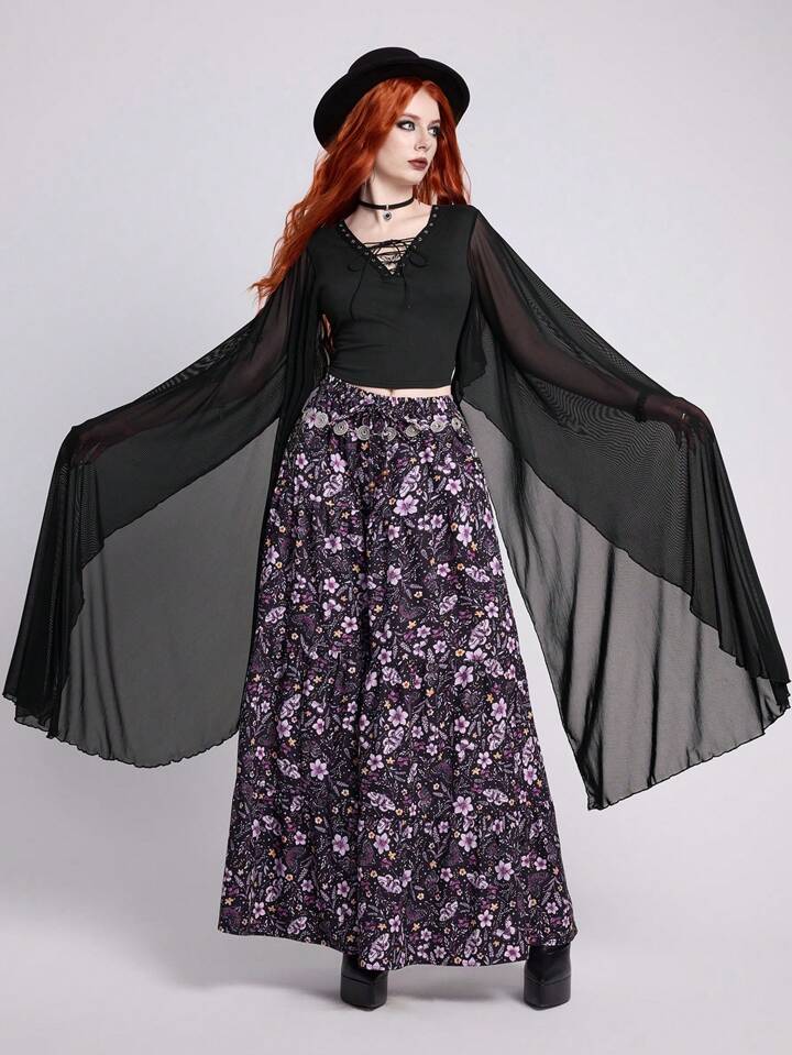 EDITION Women Gothic Style Flare Sleeve Tied Blouse, Summer
