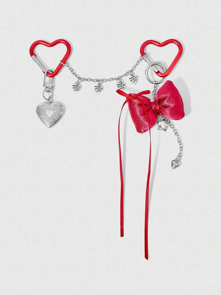 Kawaii Red Heart-Shaped Buckle Bowknot Ribbon 3D Bow Decorate Bag Pendant Key Chain - Metal Heart Shaped Charm