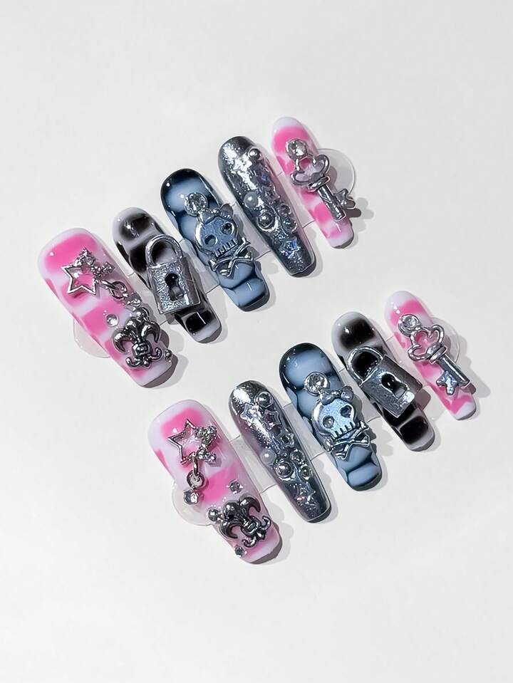 Anime 10pcs Y2K Cute Heart, Star, Bow, Wing Nail Art Stickers With Tape