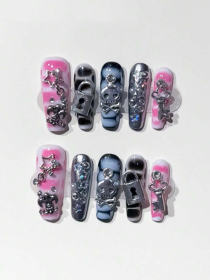 Anime 10pcs Y2K Cute Heart, Star, Bow, Wing Nail Art Stickers With Tape