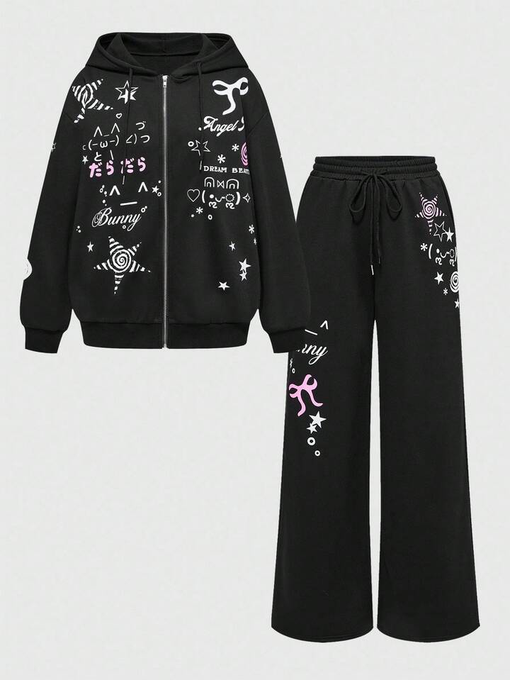 2pcs Plus Size Women's Cute Sweet Girl Star Bowknot Wing Loose Sweatshirt And Sweatpants Set