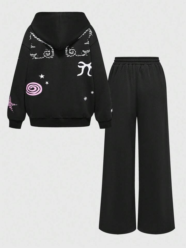 2pcs Plus Size Women's Cute Sweet Girl Star Bowknot Wing Loose Sweatshirt And Sweatpants Set