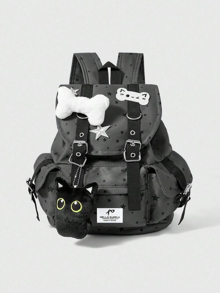 Grunge Punk Punk Style Cat Paw, Bone, Star Print Contrast Color Multi-Pocket Black Backpack, Fashionable Casual Unisex Large Capacity Bag Suitable For Commuting, School ,University Bag