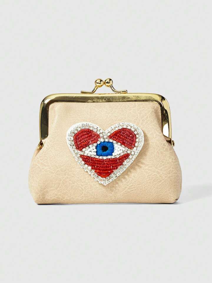 Grunge Punk 1pc Gothic Style Blue Eye & Red Heart Beaded Pu Leather Short Wallet For Women