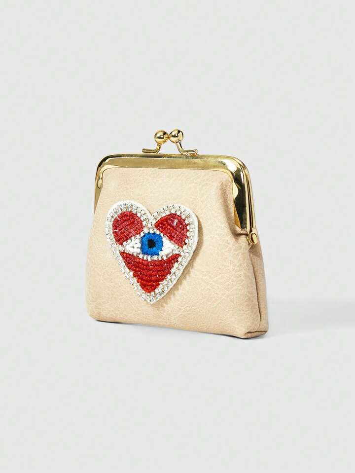 Grunge Punk 1pc Gothic Style Blue Eye & Red Heart Beaded Pu Leather Short Wallet For Women