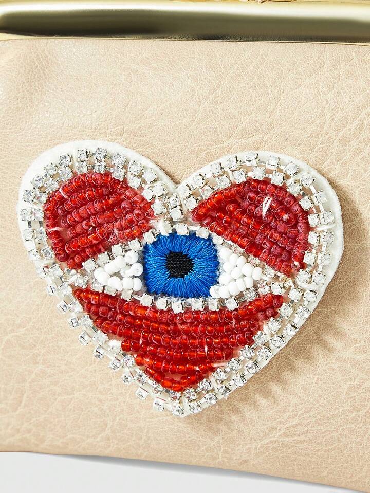 Grunge Punk 1pc Gothic Style Blue Eye & Red Heart Beaded Pu Leather Short Wallet For Women