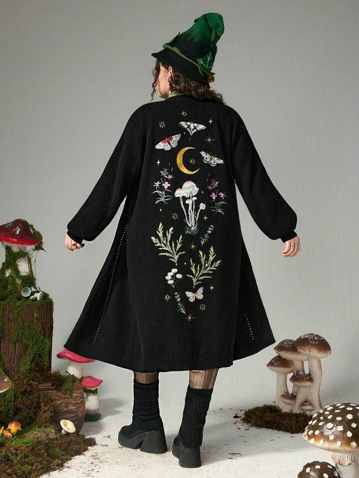 Fairycore Plus Size Women Mushroom, Star, Moon, Butterfly & Orchid Embroidered Long Knitted Cardigan Sweater, Autumn/Winter Plus Size Women Knitted Cardigan, Casual Plus Size Women Knitted Sweater