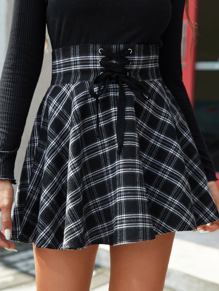 Tartan Print Lace Up Front Flared Skirt