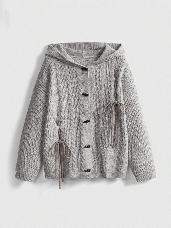 Autumn/Winter Cute Rabbit Ear Hooded Knit Cardigan For Women, Loose Fit, Horn Button, Side Tie Design Sweater Jacket