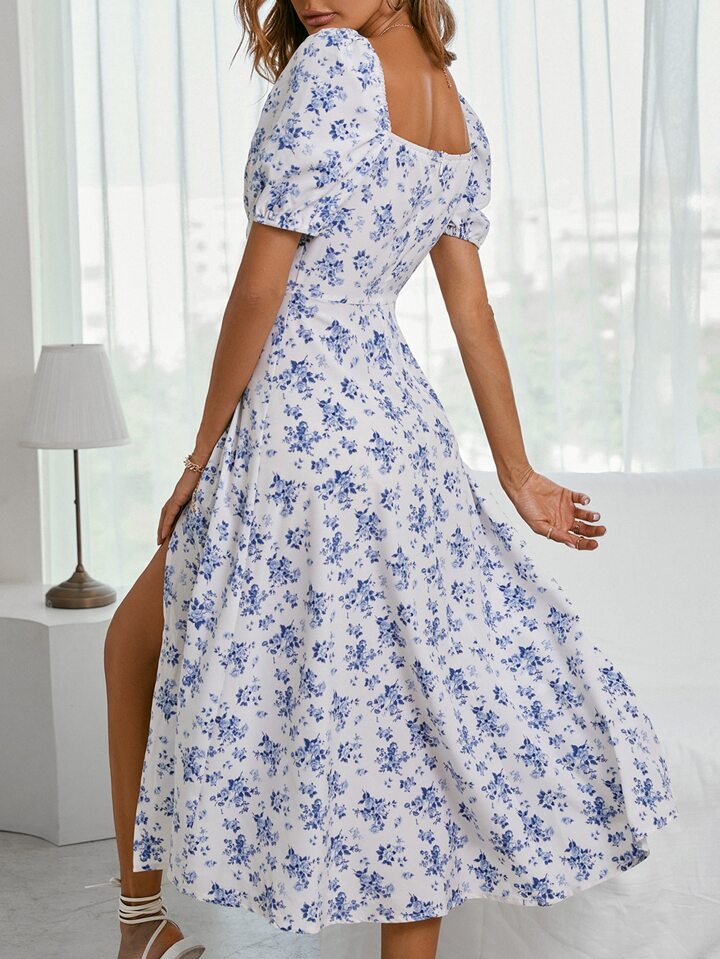 Allover Floral Knot Split Thigh A-Line Milkmaid Dress Maxi Vacation Beach Outfits Women 2 Allover Floral Knot Split Thigh A-Line Milkmaid Dress Maxi Vacation Beach Outfits Women