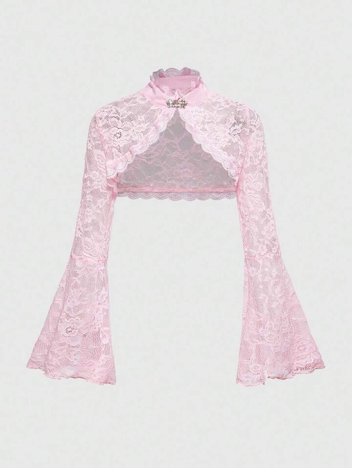 Plus Size Gothic Lace Cardigan With Flared Sleeves, Versatile