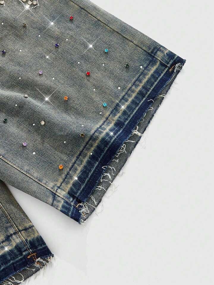 Street Life Men's Colorful Rhinestone Decor Pocket Loose Casual Denim Shorts 5 Street Life Men's Colorful Rhinestone Decor Pocket Loose Casual Denim Shorts