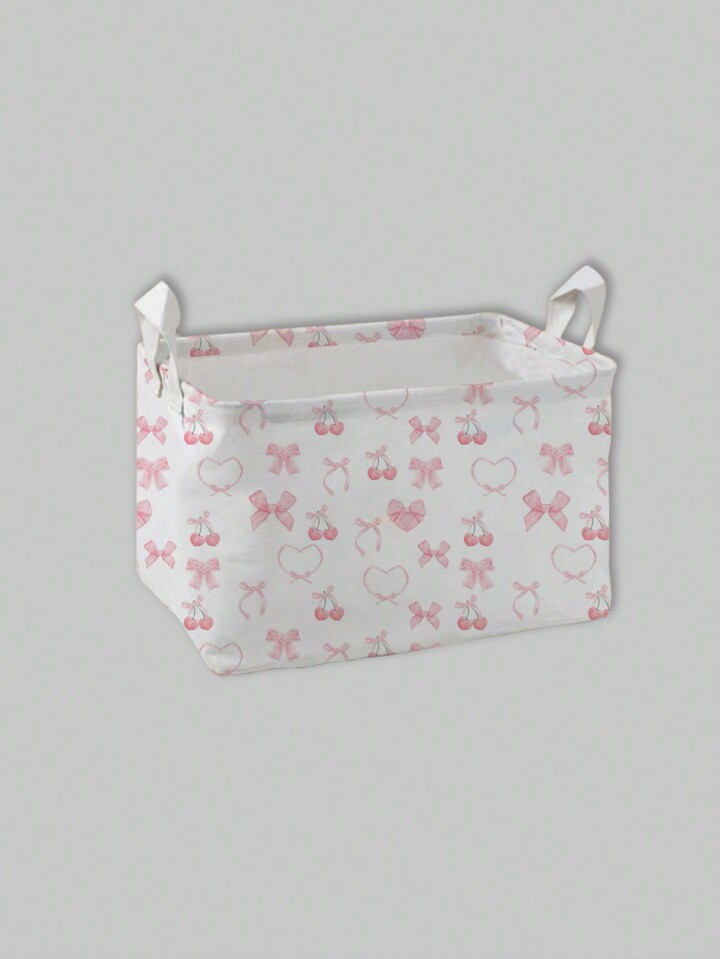 Kawaii 1pc White Base Cherry Blossom, Bow & Heart Design Allover Print Storage Basket For Bedroom, Living Room, Bathroom