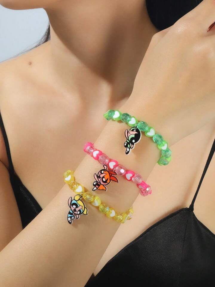 3pcs Cartoon Characters Blossom, Bubbles, Buttercup Pattern Heart Beaded Bracelet, Valentines,Mom,Mother,Mother's Day,Gift