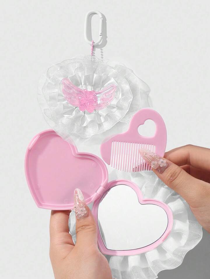Kawaii 1 Piece Cute Cartoon Acrylic Compact Double-Sided Mirror And Comb Set, Delicate White Mesh Ribbon, Pink Resin Glitter Winged Bear Decor, Versatile Mini Heart-Shaped Glass Mirror, Keychain & Bag Charm Gift Set For Women