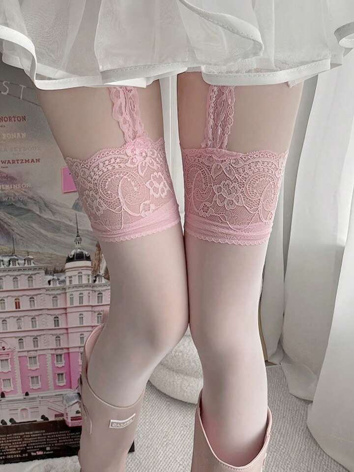 Fairycore 1 Pair Of Sexy Solid Color Lace Socks, Retro Pink Suspender Pantyhose, Sexy Ultra-Thin Elastic Pantyhose