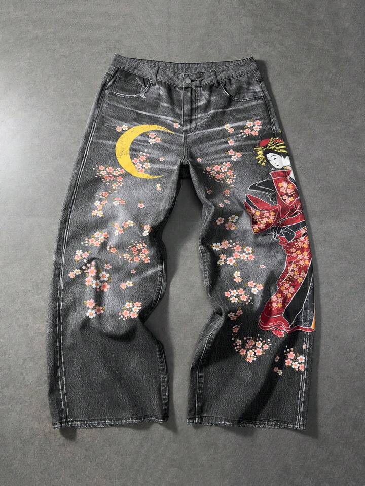 Anime Men's Floral & Moon Pattern Pocket Wide Leg Loose Casual Jeans