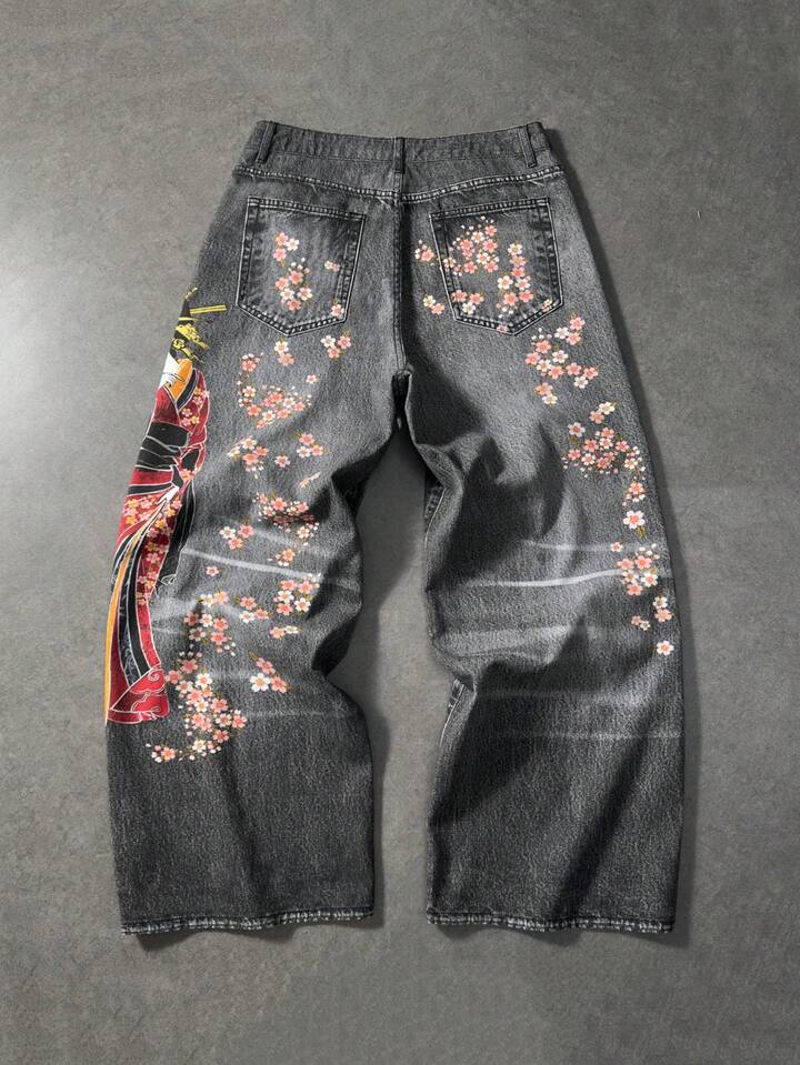 Anime Men's Floral & Moon Pattern Pocket Wide Leg Loose Casual Jeans