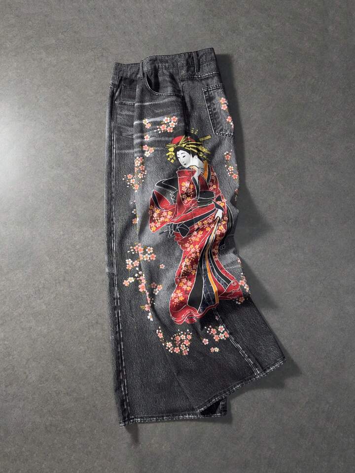 Anime Men's Floral & Moon Pattern Pocket Wide Leg Loose Casual Jeans
